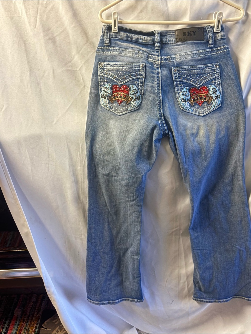 Sky Women's Light Blue Boot Cut Jeans with Embellished Heart Pockets